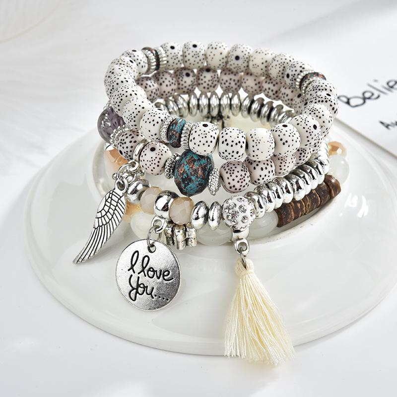 Ethnic Wind Wings Bracelet Round Card Letters Multilayer Tassel Beaded Bracelet Vintage Bracelet
