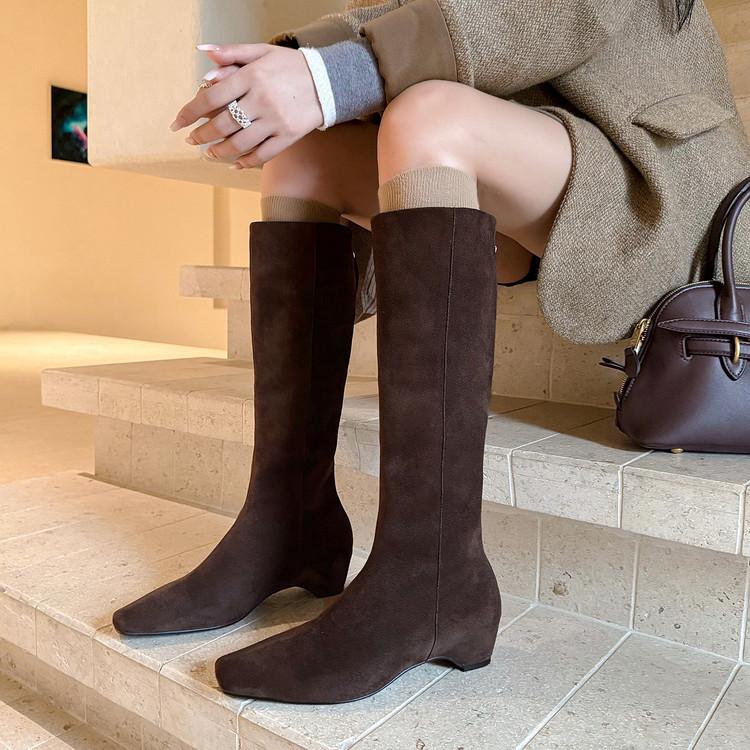 Inside and Outside Full Leather Square Head Rear Zipper Chelsea Boots Cowhide European and Korean Simple Retro Inner Height-increasing Short Boots W