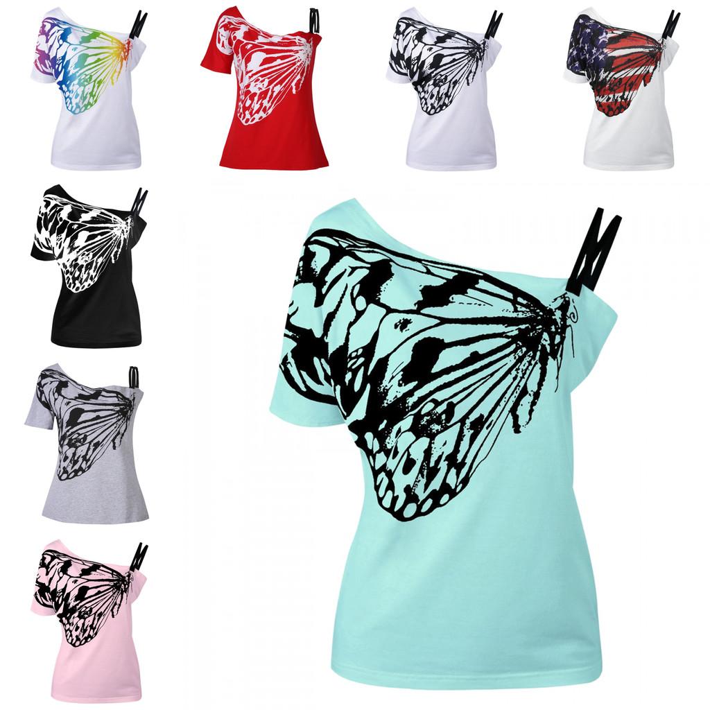 Trendy Summer Butterfly Print Off-shoulder T-shirt For Women Loose Fit