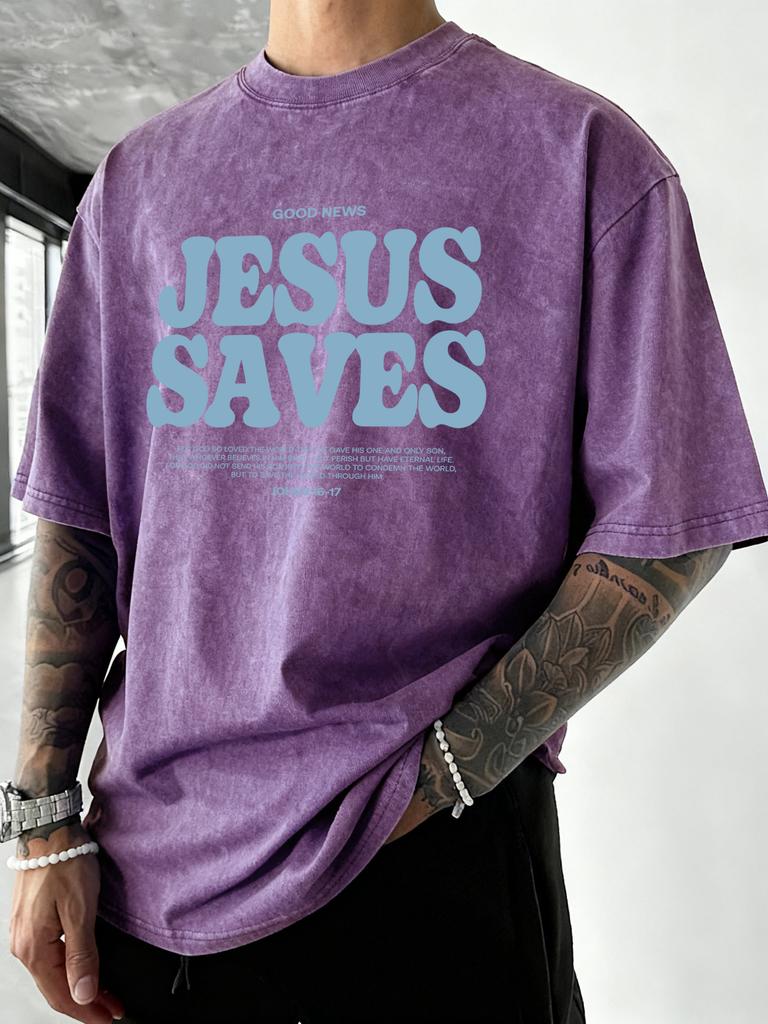 Good News Jesus Saves Letter Print Mens Washed TShirt Summer Cotton Short Sleeve Sport Comfortable T Shirt Gym Loose Top