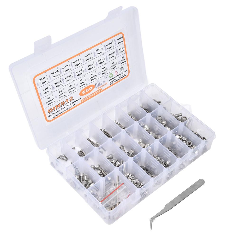 580Pcs Screws Nuts Washers Kit 304 Stainless Steel Cylindrical Head Hex Socket Screws for Home