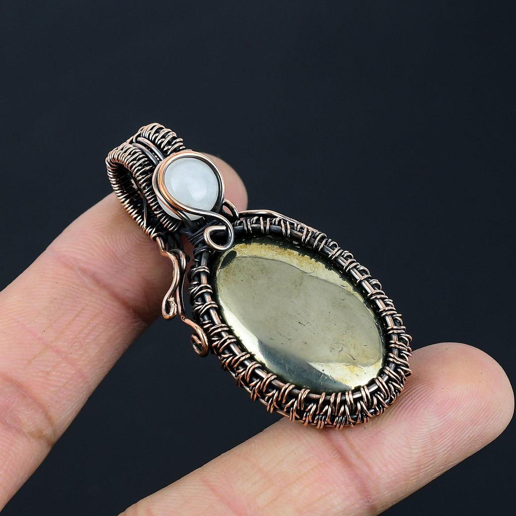 Ravishing Pyrite & Moonstone Gemstone Handmade Copper Wire Wrap Jewelry Pendant For Women
