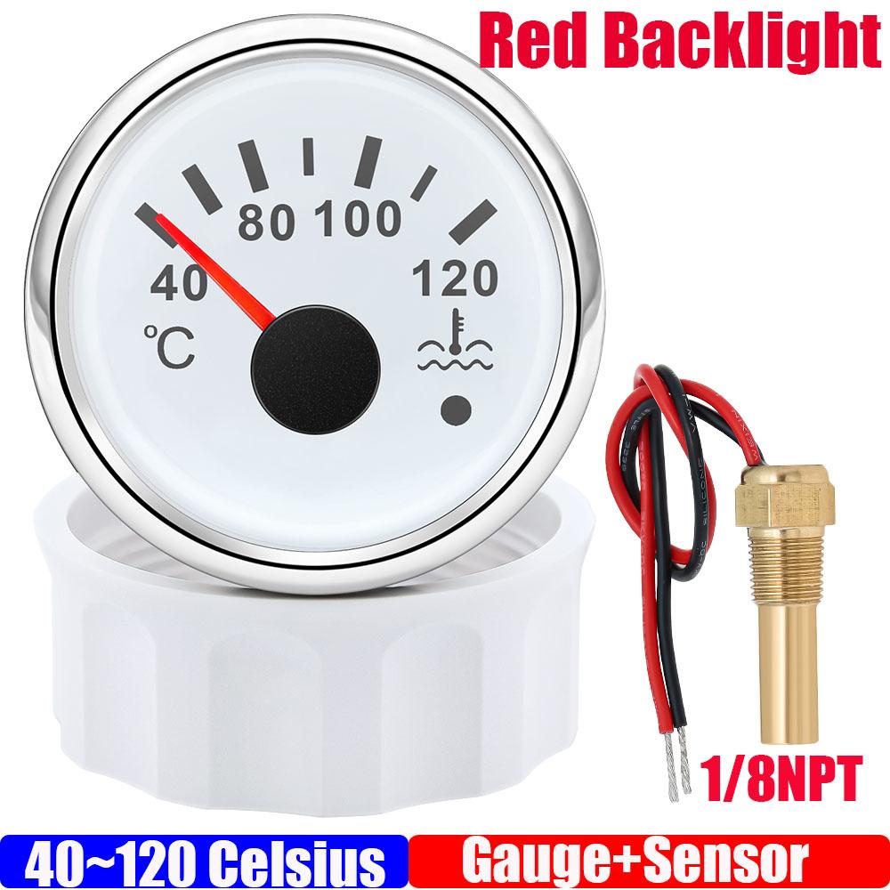 40~120 Celsius 52mm Water Temperature Gauge+Sensor with Flash Alarm Waterproof Red Light Water Temp Meter for Car Boat 12V 24V