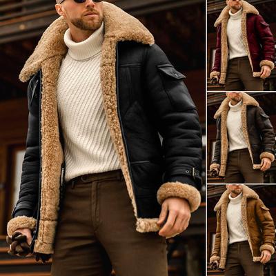 Men Jacket Contrast Color Patchwork Plush Lining Turndown Collar Zipper Coldproof Winter Faux Fur Outerwear Streetwear