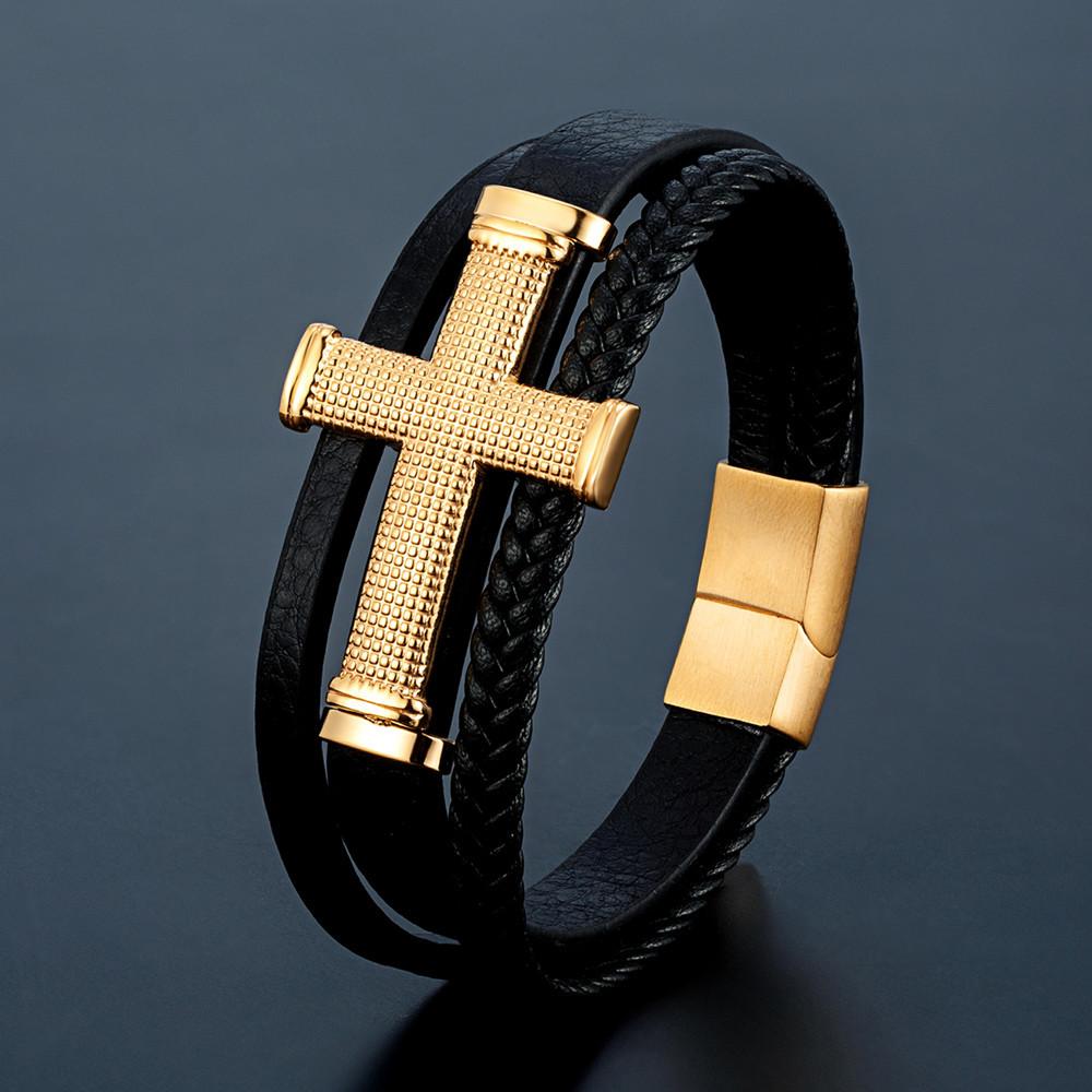 2026 Men's Cross Leather Rope Bracelet, Black Braided, Magnetic Buckle Fashion Trendy Men's Bracelet