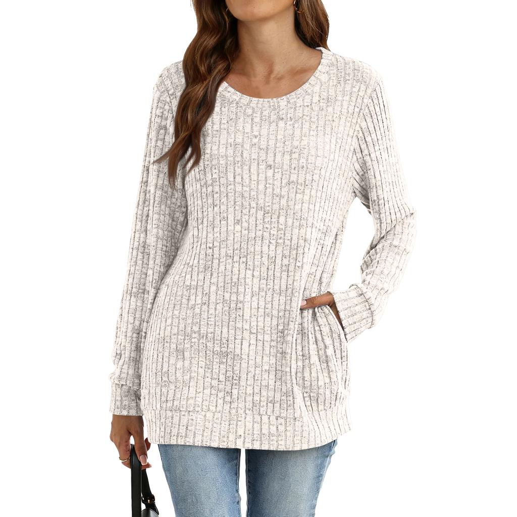 Tricou de damă la modă, cu croială largă, gât rotund, culoare uni, cu buzunar, cu mâneci lungi