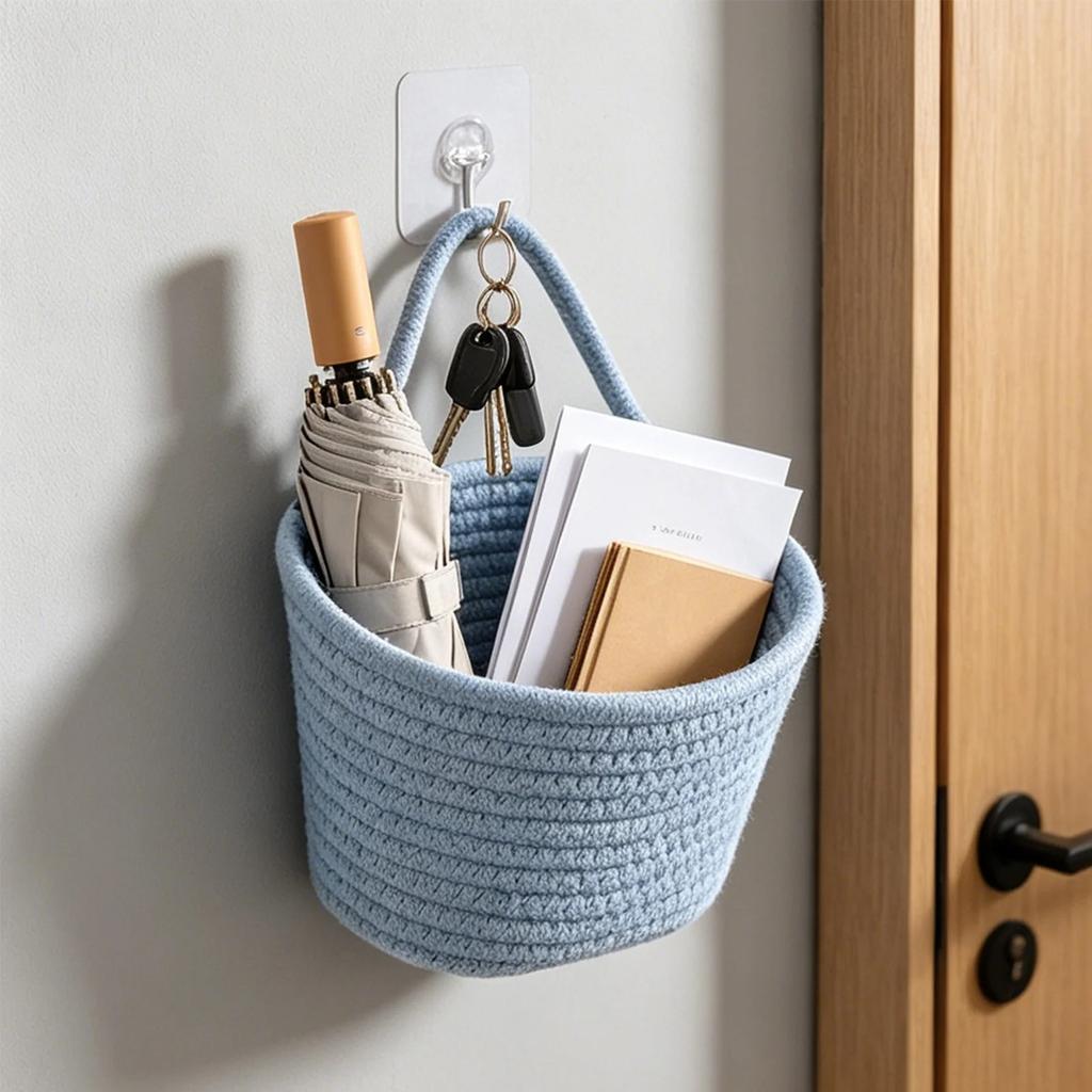 Damen gewebter Wandkorb Weißer Baumwoll-Hängeorganizer für Kosmetik Snacks Schlafzimmer Wohnzimmer 5,91x4,72 Zoll