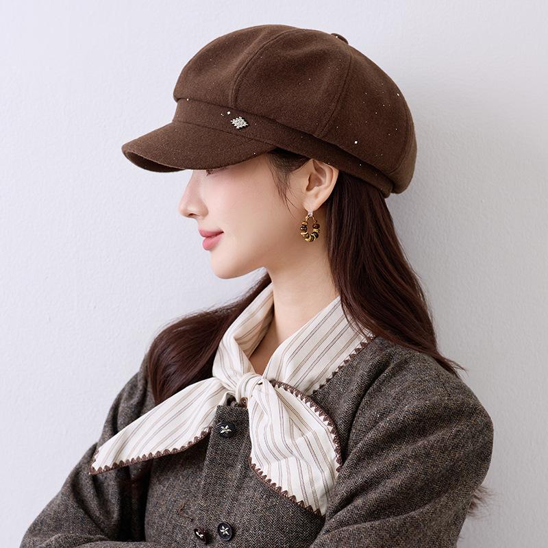 Autumn and winter solid color retro British style cap women's fashion simple casual versatile temperament octagonal hat