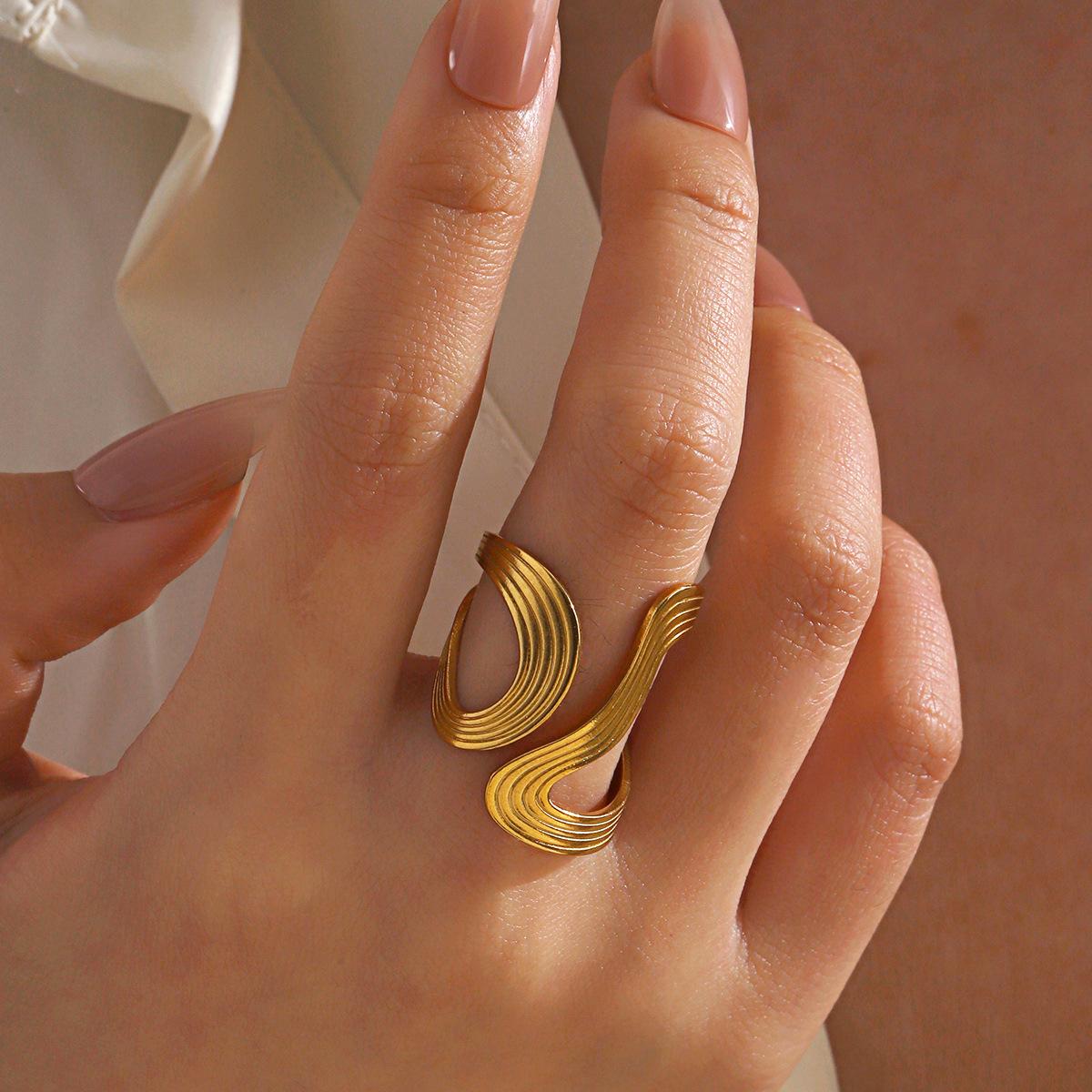

Stainless Steel Big Irregular Wave Ring Stylish Creative Minimalist Metal Statement Waterproof Jewelry for Women Wholesale