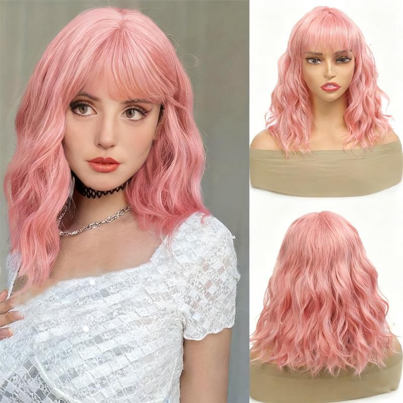 14Inch Pink Wig for Women Short Wavy Pastel Pink Wigs with Lace Shoulder Length Middle Part Curly Wavy Wig
