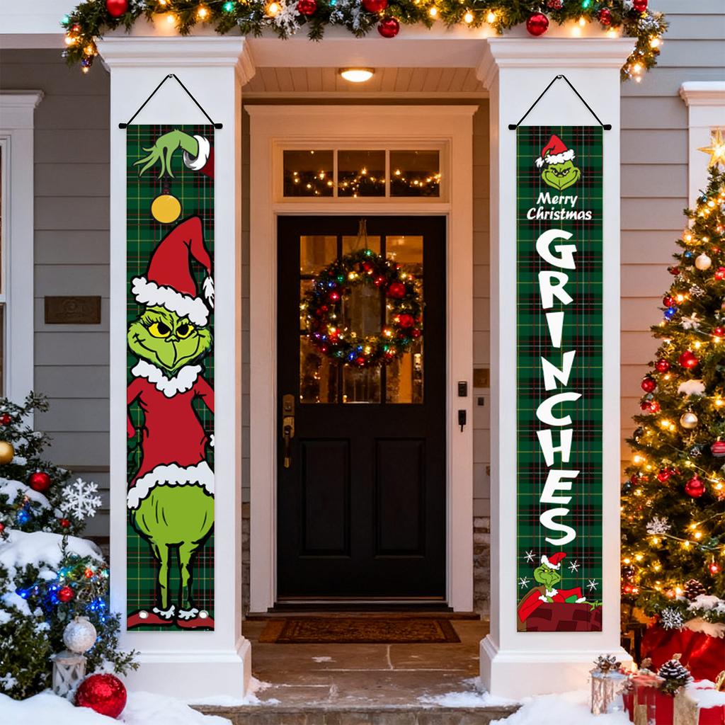 New Arrival! 30*180cm Christmas GreenGhost Couplets - Polyester,Durable& Eye-catching Design for Home & Cafe Decoration.