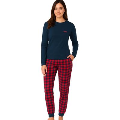 Women's Cotton Pajamas Long Sleeve Plaid Navy