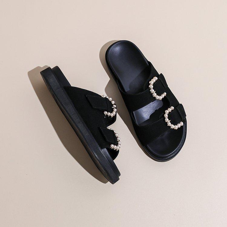 

Матовый двухсловный ремень верхняя одежда замша европейский и американский жемчуг туфли Бокен платформа повседневные оригинальные одинарные женские туфли пляжные шлепанцы крутые шлепанцы 40 чёрный