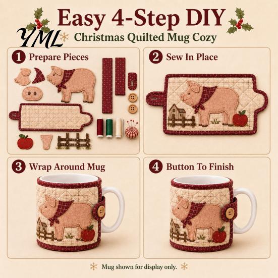 Quilted Mug Sleeve Pattern Farmhouse Friends Cozy Sewing Kit, DIY Animal Cup Craft, Handmade Fabric Craft Supplies Project with Festive Patterns,