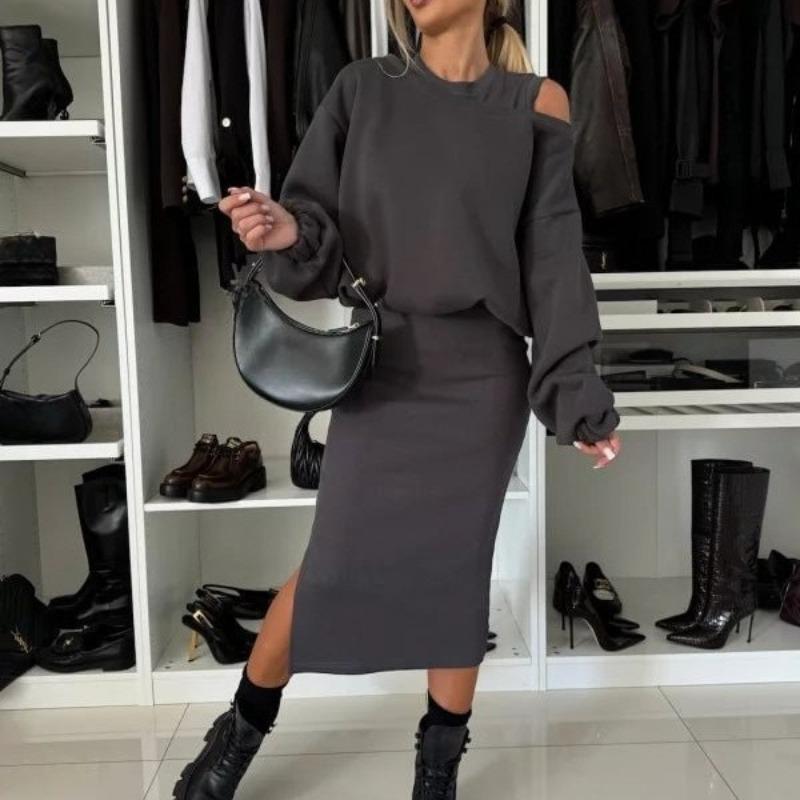 New Fall/Winter Women's Loose-Fit Off-the-Shoulder Batwing Sleeve Sweatshirt Tank Top and Maxi Dress Set