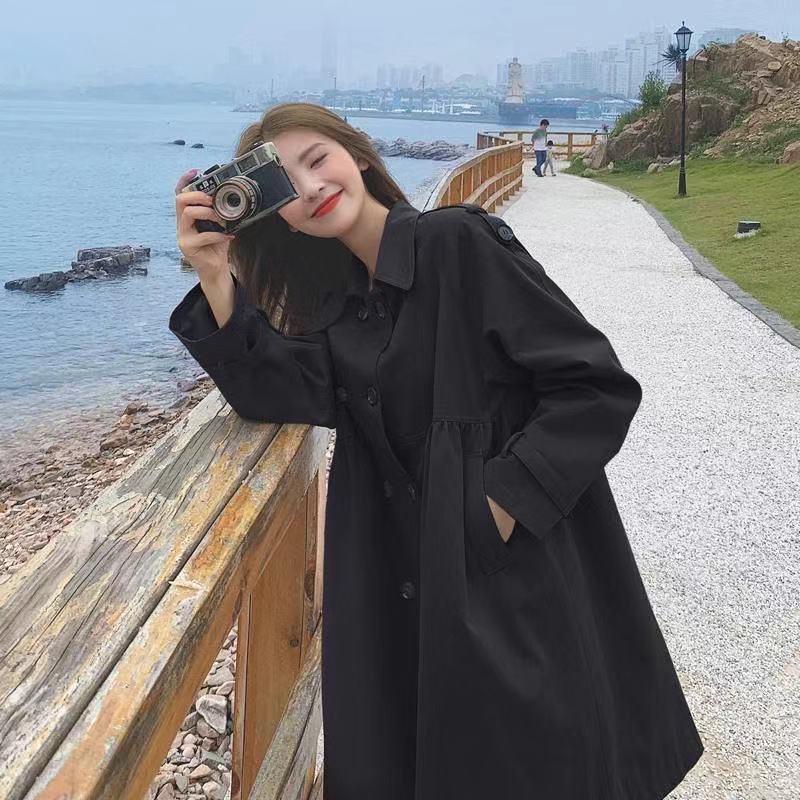 Khaki Petite Double-Breasted Trench Coat for Women - 2025 Autumn Korean Style, Loose Fit