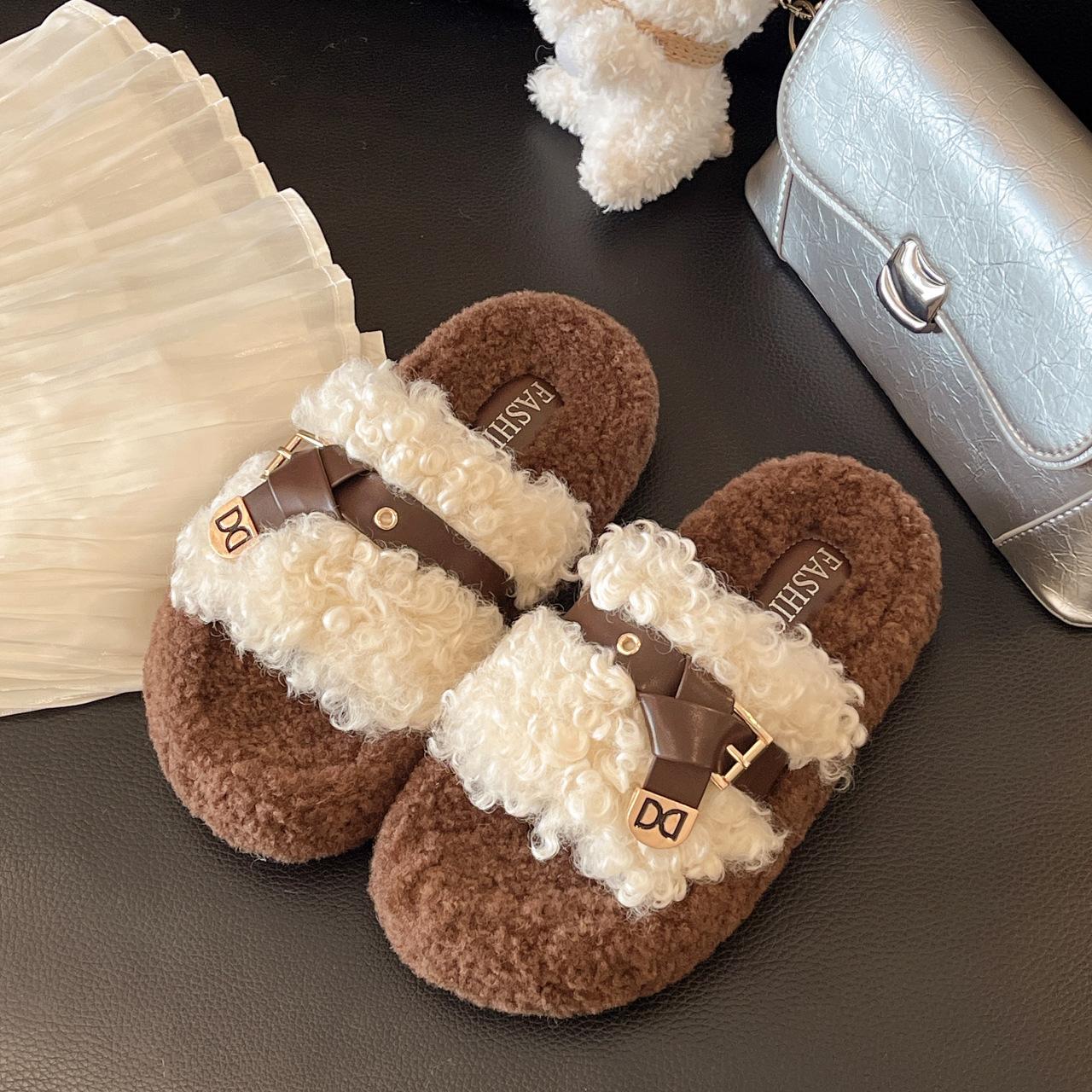 

Retro thick-soled fluffy slippers women s 2025 autumn new fashion one-word slippers, foreign style increases and looks thin slippers 40 хаки