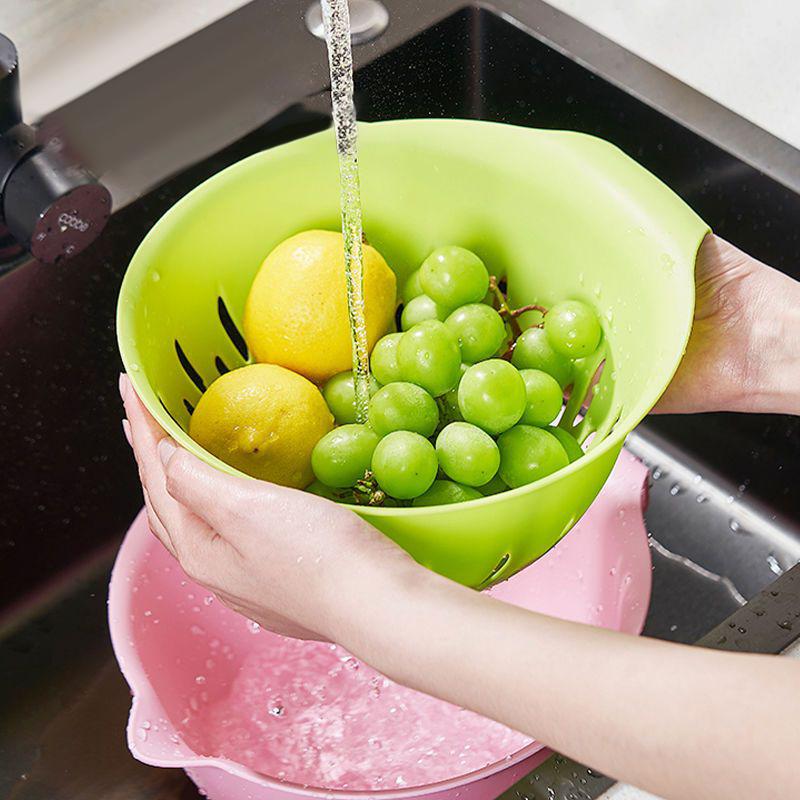 Kreativní multifunkční odkapávací koš Dvouvrstvý kuchyňský koš na ovoce a zeleninu Kulatý plastový koš na mytí nádobí s rukojetí