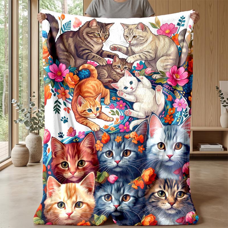 Floral Cats Artwork Theme blanket Lightweight Warm Flannel Blanket Decorative Throw Blanket for Home Decoration