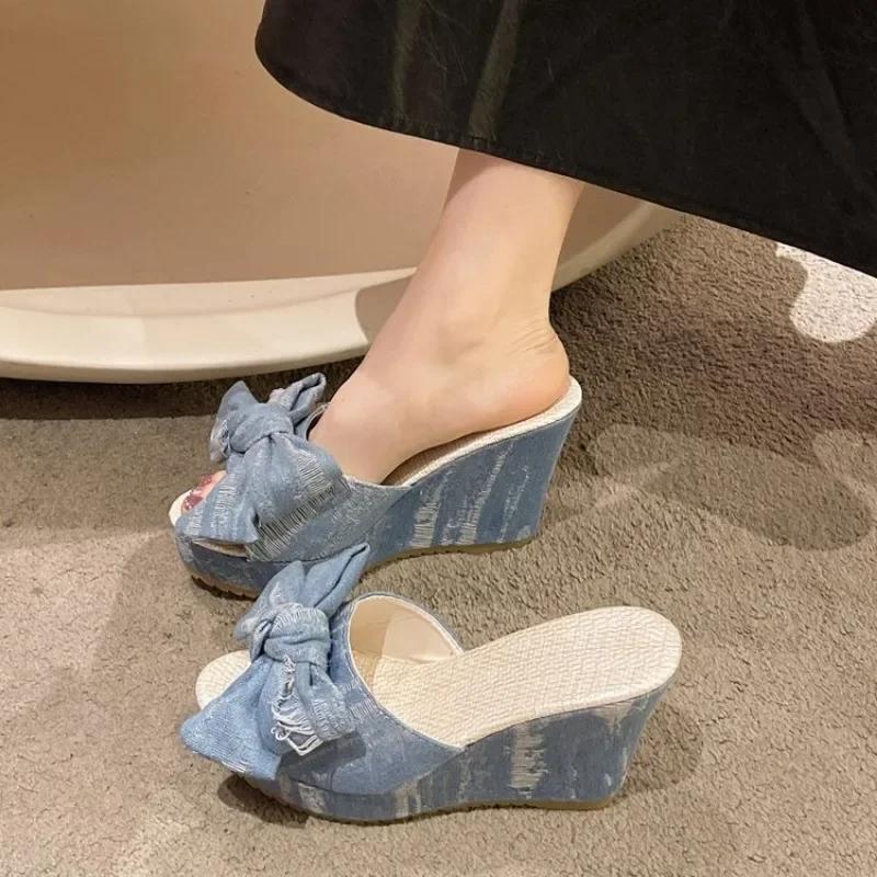 Fashion Wedges Denim Slippers Women 2024 Summer Platform Mules Bow Knot Sandalias Mujer Slides Woman 10cm High Heels Beach Shoes Slides