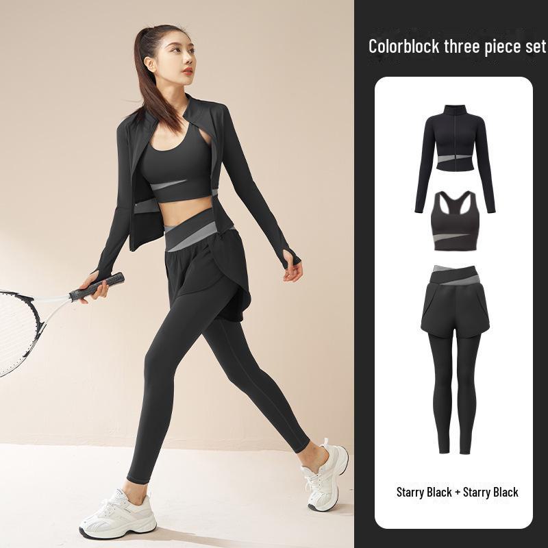 Juyitang Women's Color-Matching Yoga Three-Piece Set - Breathable Slim Fit Sportswear.