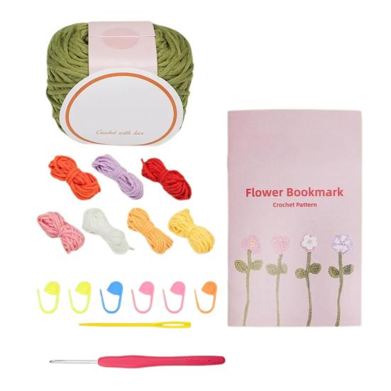 Crochet Kit for Beginners Flower Bookmarks DIY Project with 8 Rolls Extra Soft Yarn Includes Hook Stitch Marker Christmas Gifts