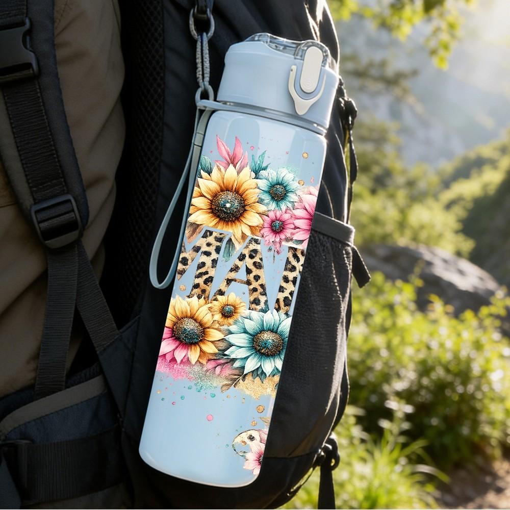 1PC Sunflower Boho Floral Lettering 750ml Color Plastic Sports Water Bottle Leakproof Flip Straw Lid Suitable for Sports Office Home Use