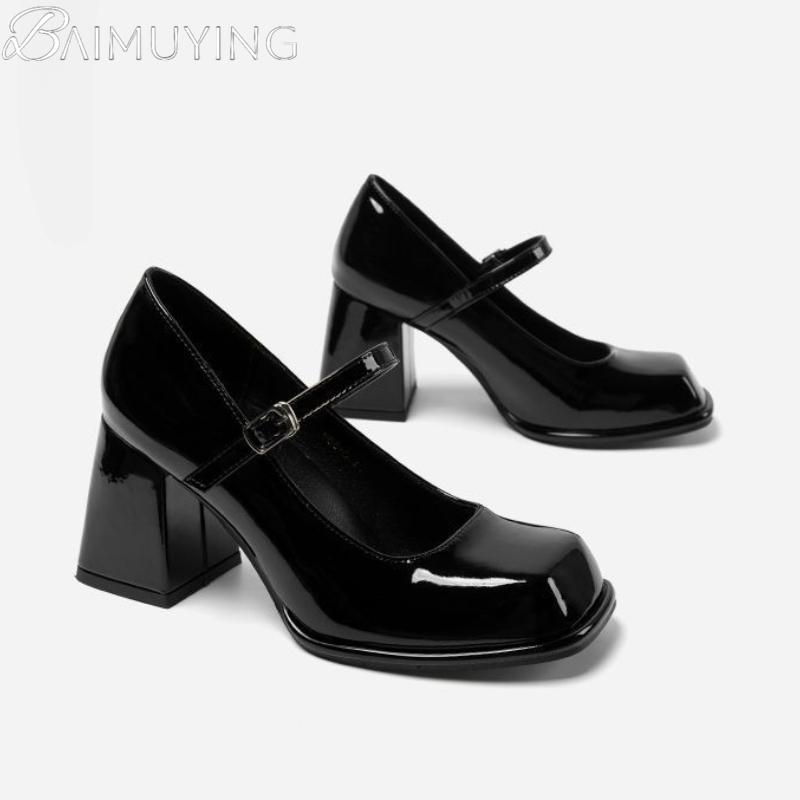 Fashion High Heeled Women's Sandals Square Toe Marie Janes Woman Shoes 2025 New Summer Shallow Chunky Elegant Dress Pumps Leather Mujer