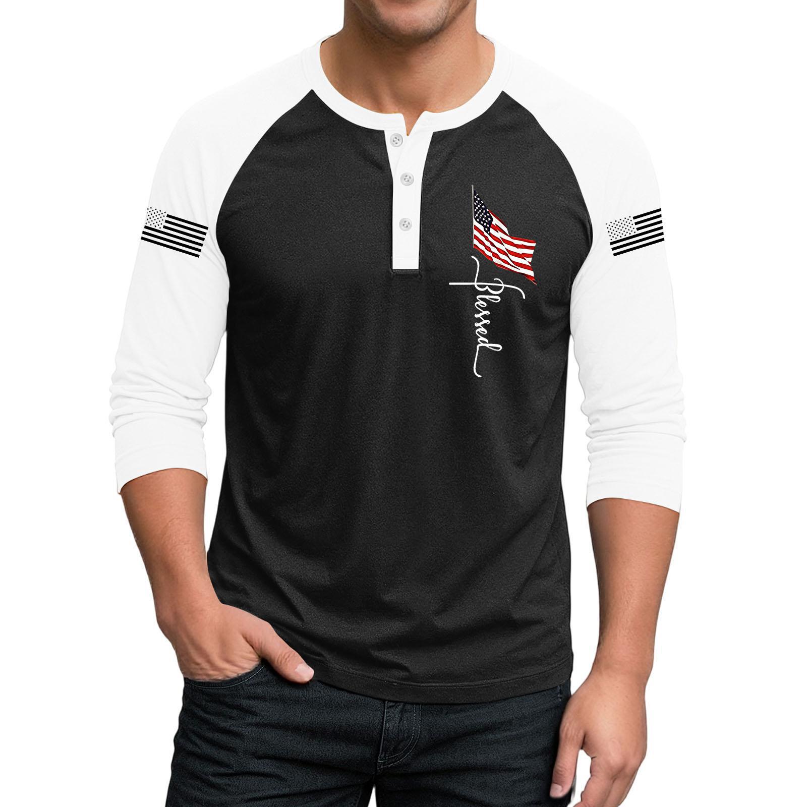 

Men Henley Neck Raglan Sleeve 3/4 Length Shirt with Independence Day Print Casual Fit Button Front Top for Everyday Wear XXL чёрный