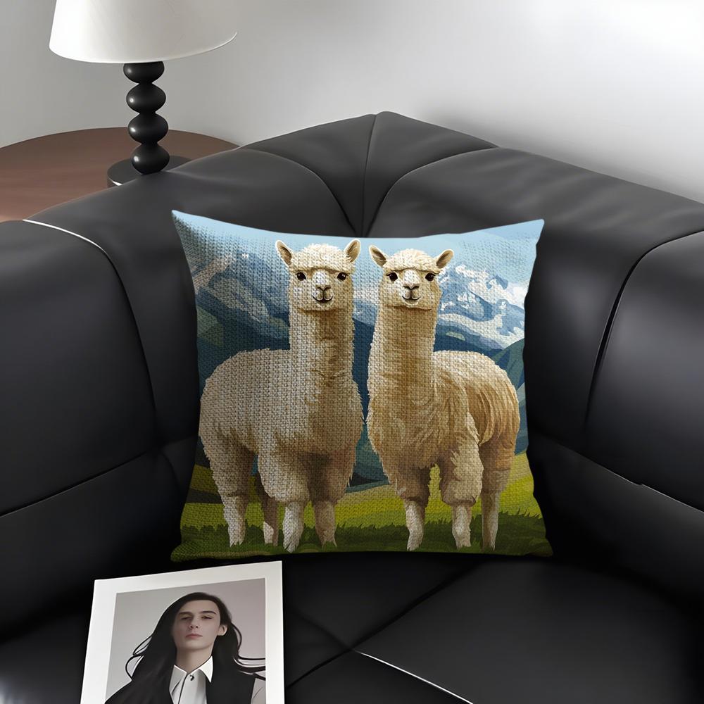 Alpaca Cute Cushion Cover Natural Linen Organic Fabric DoubleSided Printing Sofa Home Decor Gift Pillow Case