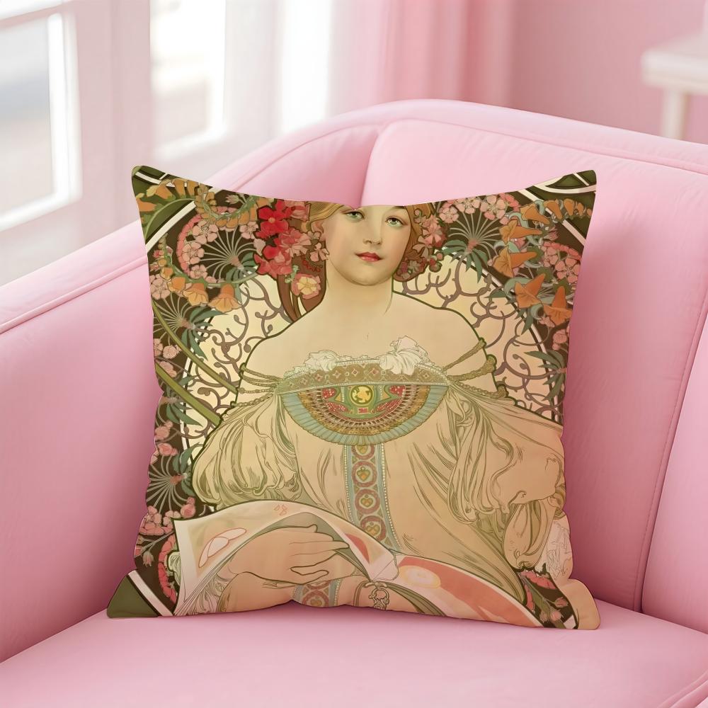 artistic AAlphonse Maria Mucha Cushion Cover Pillow Case Soft Skin Friendly Fabric Comfort Concealed Zipper