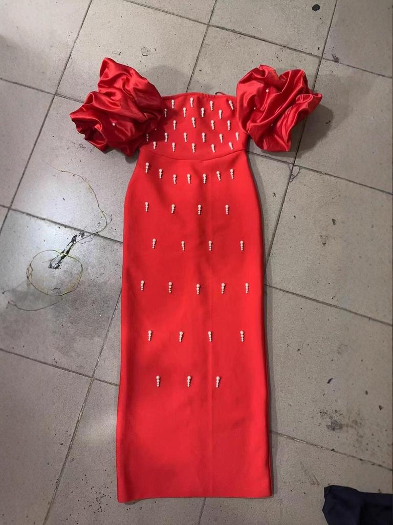 2025 Perlenbesetztes trägerloses Abendkleid mit Puffärmeln und schulterfreiem Schnitt für Damen