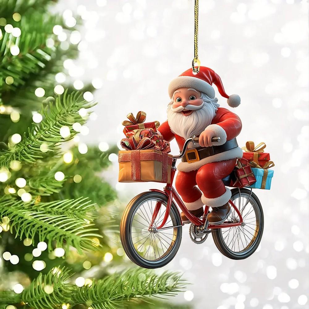 Santa Claus Rides Bike Decor Acrylic Pendant For Christmas Enhancement Interior