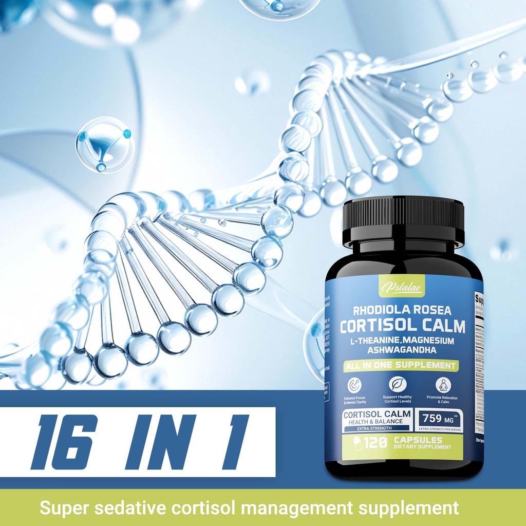 Suplemento para Gerenciamento de Cortisol com Magnésio, Ashwagandha e Teanina - Auxilia no Relaxamento, Cortisol e Foco - 120 Cápsulas