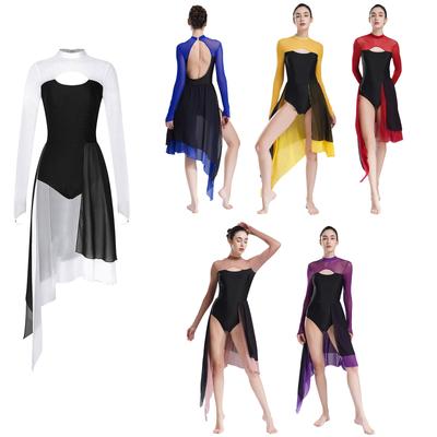 Women Cutout Long Sleeve Lyrical Dance Dress Irregular Tulle Dance Costume Dancewear