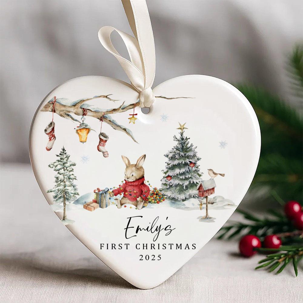 1pc Personalized Bunny Baby First Christmas Ornament Ceramic Christmas Ornament for Baby Girl Boy New Baby Gift Xmas Keepsake