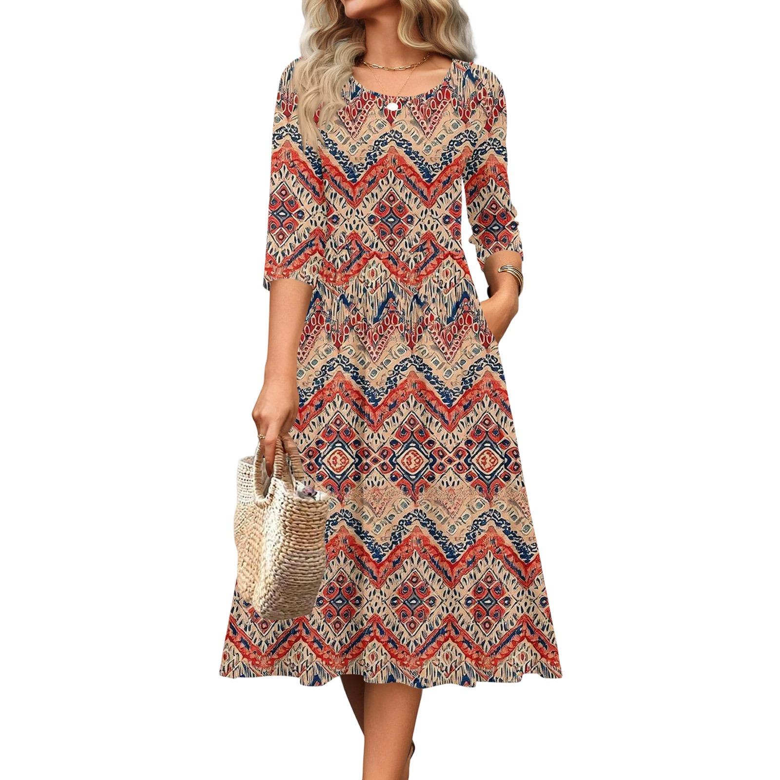 

Жіноча сукня з рукавом 3/4, повсякденна, м яка, А-силуету, міді, сукня-футболка з кишенями, з круглим вирізом, для відпочинку, в стилі бохо, пляжна, літня сукня XL Кіновар