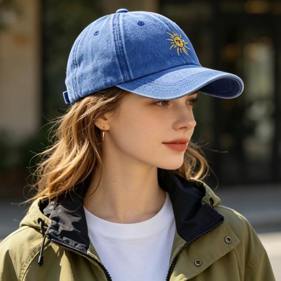 Yousheng Stickerei Sonnenmuster Baseballkappe, Verstellbare Hintere Schnalle Retro Used-Look Baseballkappe, Gewaschenes Baumwollgewebe Outdoor Sonnenschutzkappe