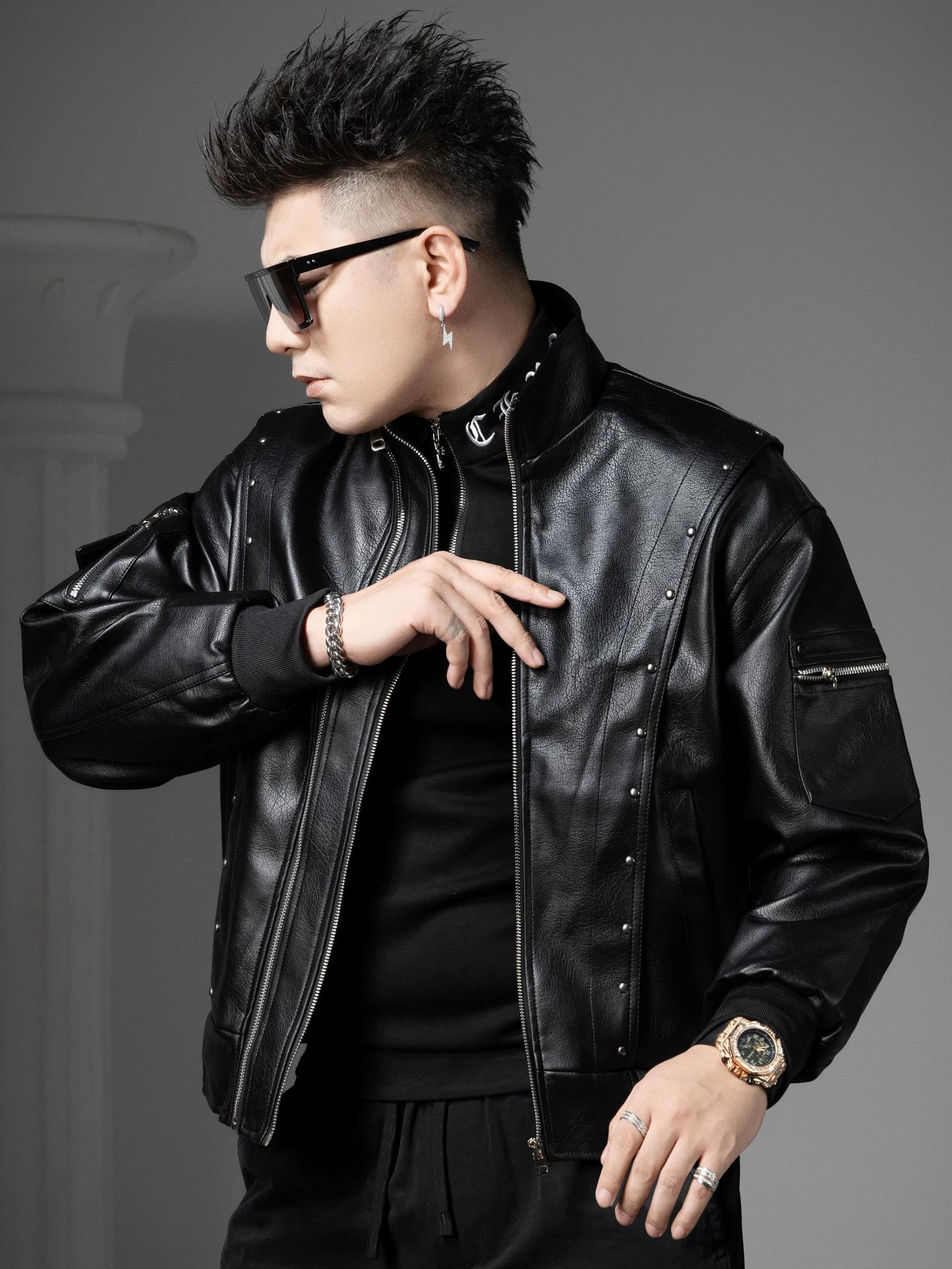 

European Trendy Brand Double-Zip Motorcycle Jacket Men s Leather Jacket 2025 New Autumn and Winter Fleece-Lined Stand-Collar Leather Jacket XL (62.5-70kg)