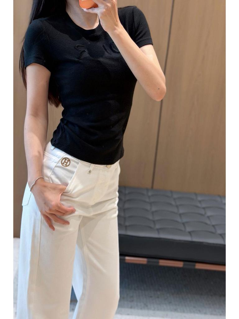 Elegant Embroidered Women's Slim Waist Short-Sleeve T-Shirt