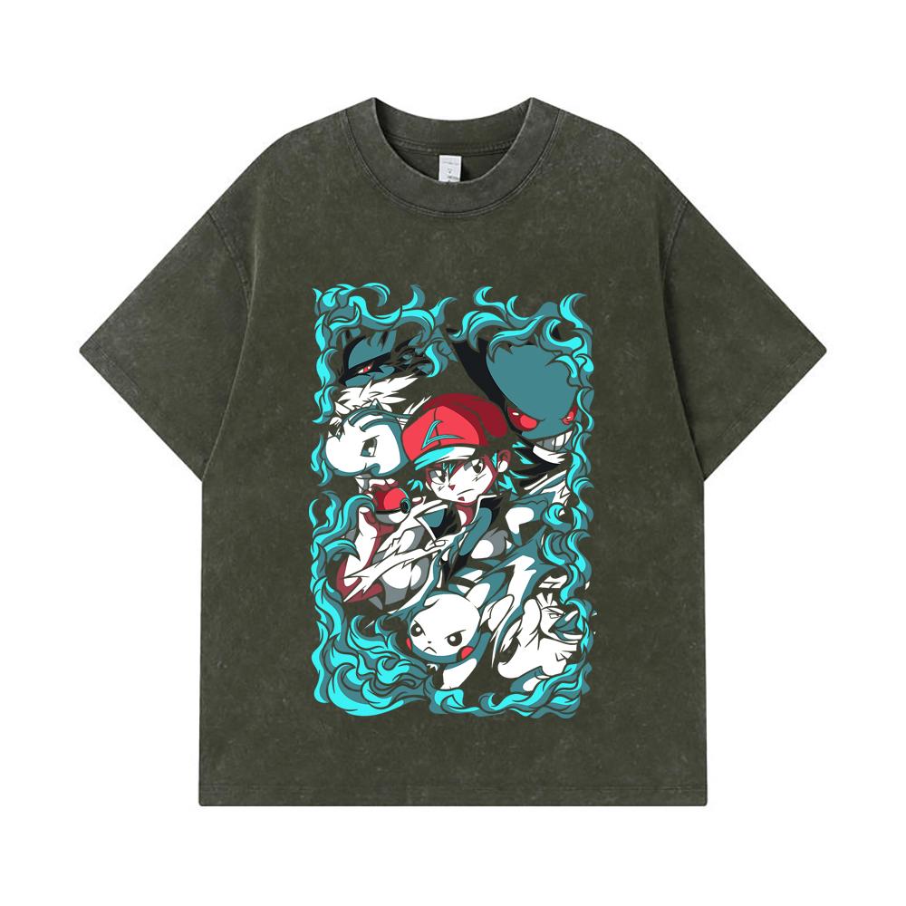 275 GSM Washed T-shirts 100% Cotton Pokemon V26 Print Unisex Heavy Cotton T Shirt