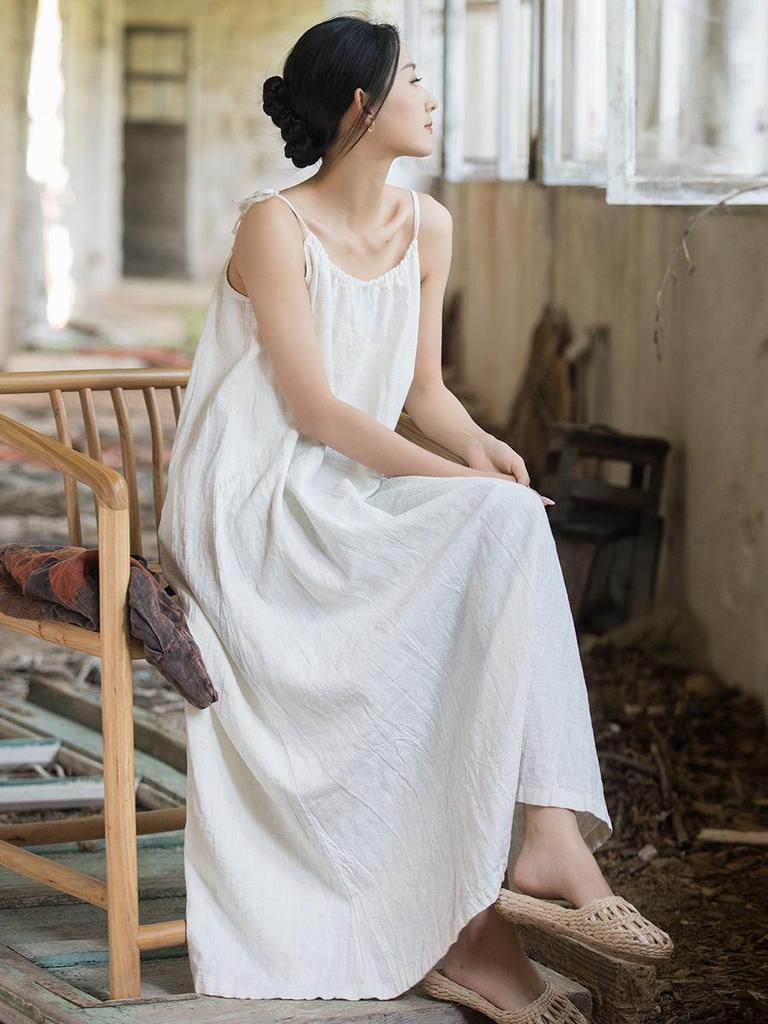 Linen Tie-Dye Adjustable Strappy Dress - Retro French Elegant Casual Wear for Spring and Summer