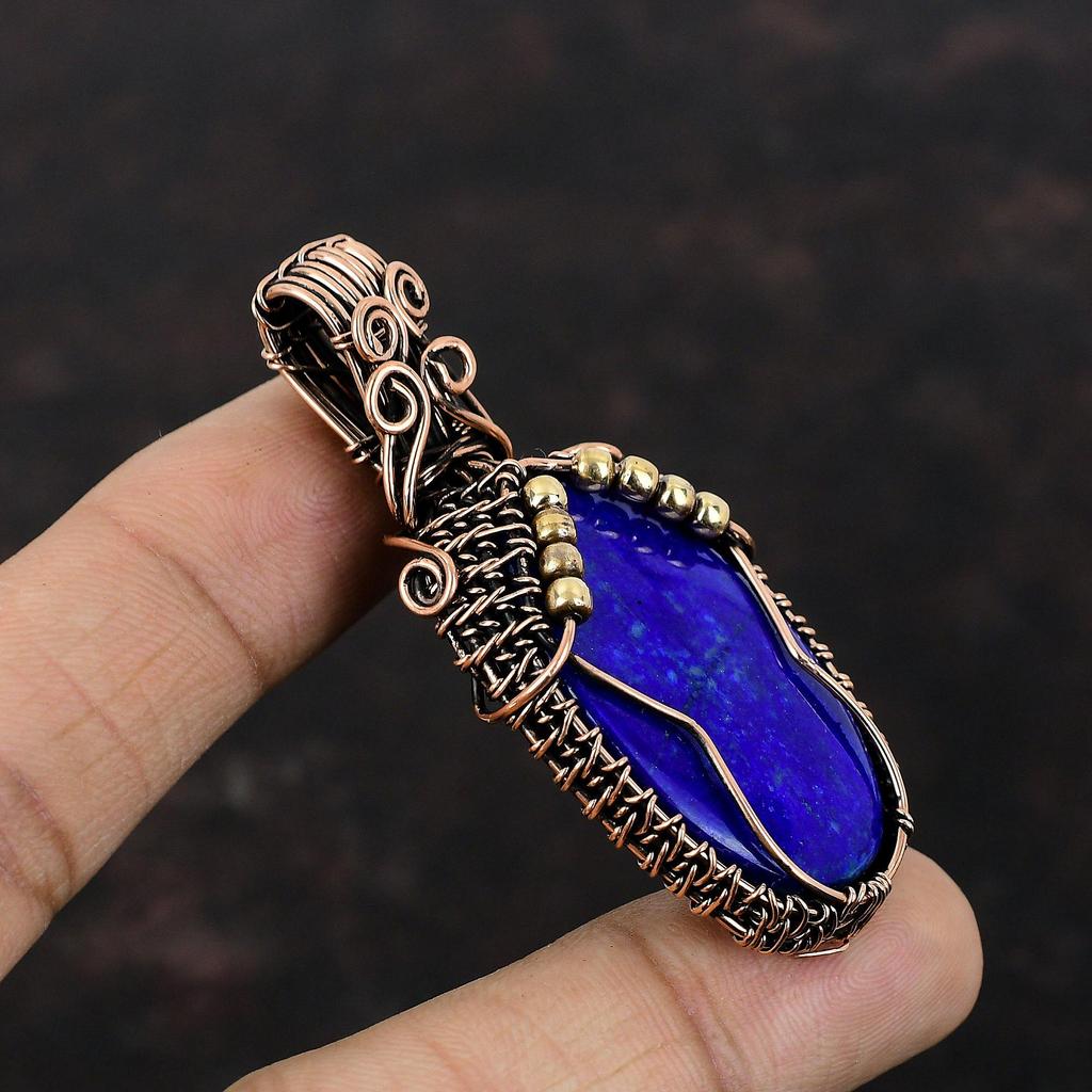 Lapis Lazuli Pendant Copper Wire Wrapped Pendant Wire Wrap Gemstone Jewelry Handmade Boho Pendant Unique Copper Design Jewelry Gift For Him