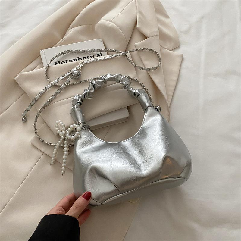 2025 New Fashion Temperament Single Shoulder Bow Messenger Bag Simple Trend Chain Pleated Bag Women's High Sense