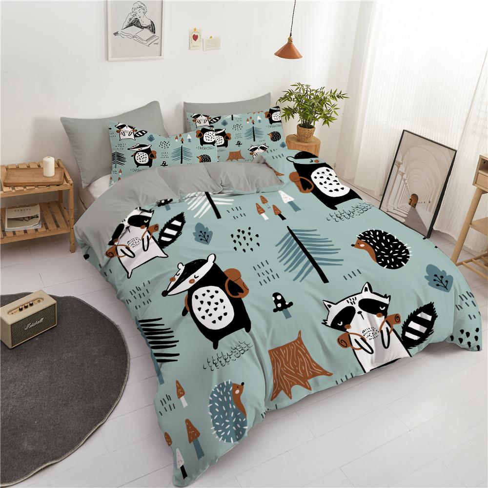 Woodland Theme King Queen Duvet Cover Cute Cartoon Animal Bedding Set Bear Tree Wildlife Comforter Cover Polyester Quilt Cover