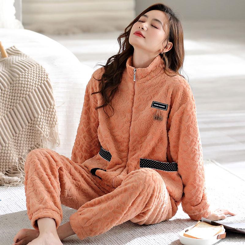 Pyjama Damen Winter Korallenfleece Verdicktes Fleece Herbst und Winter Flanell Winter Thermische Loungewear