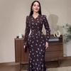 Rochie lungă retro cu buline, cu mânecă lungă, cambrată și evazată tip coadă de pește, pentru femei, stil european și american