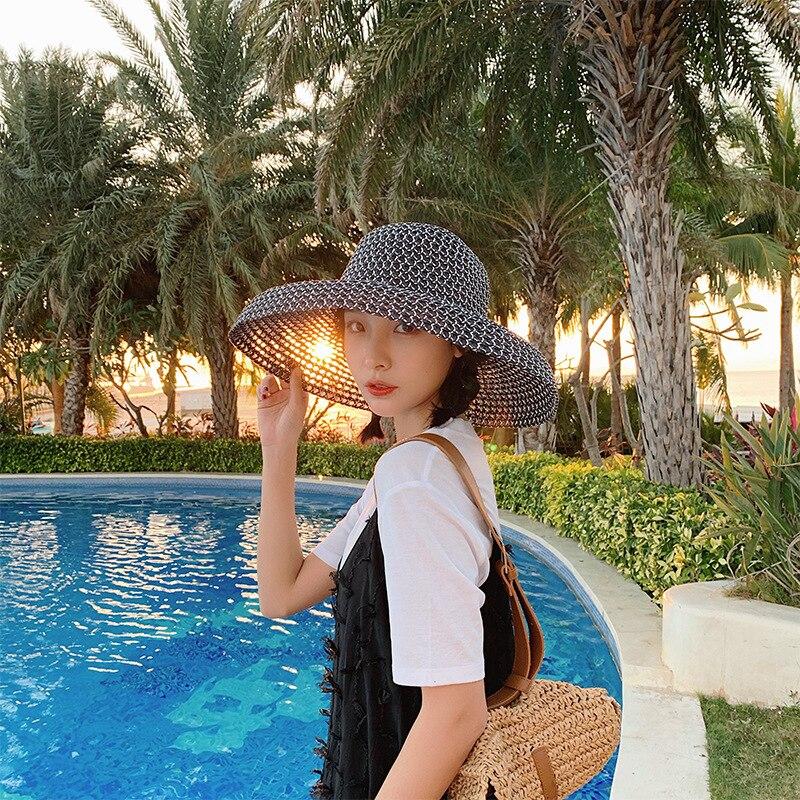 Retro Round Top Big Straw Hat Ladies Sun Hats Travel Holiday Visor Hats Vintage Women Beach Hat Black and White