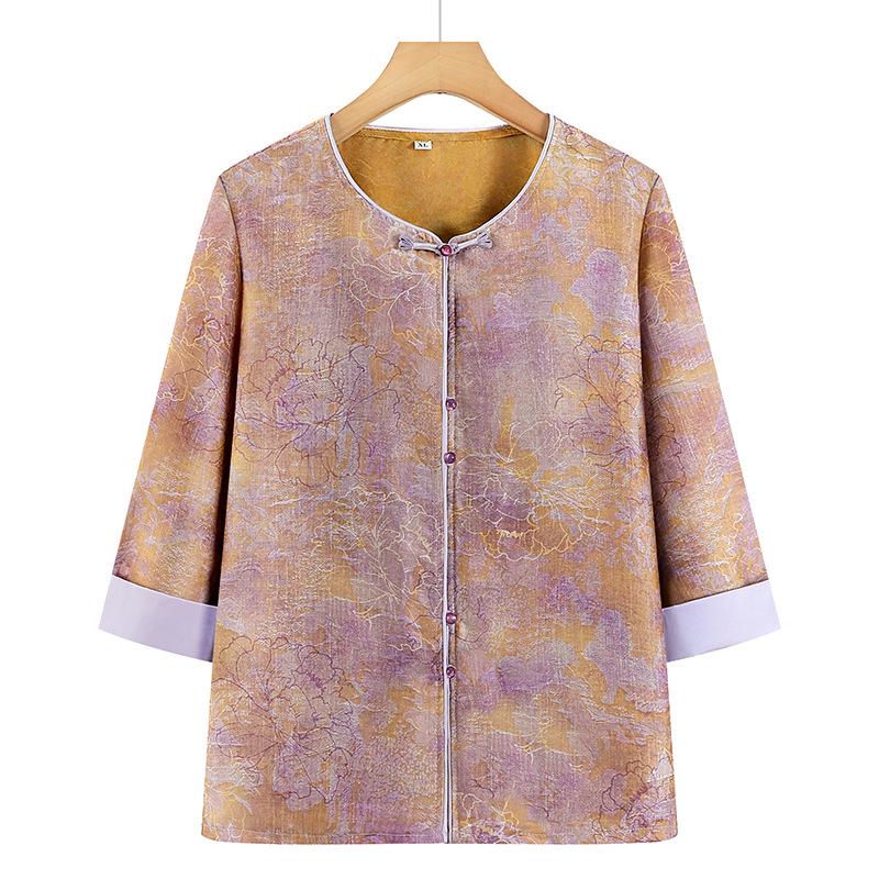 

Elegant Spring/Summer Mid-Sleeve Cardigan for Mature Women, Stylish Chinese National Design XL (90-105 jin) фіолетовий