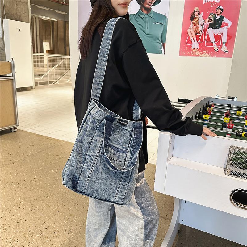 Large Capacity Denim Bag Retro Tote Bag Commuter Student Class Shoulder Crossbody Bag